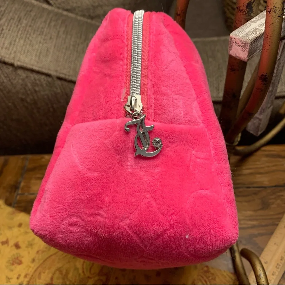Juicy Couture Hot Pink Plush Cosmetic Case with Silver Monogram New With Tags